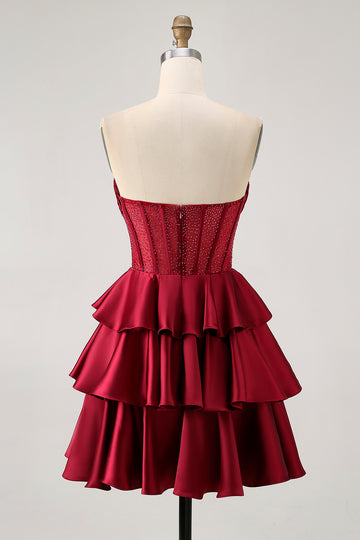 Burgundy Beaded Corset A Line Strapless Tiered Homecoming Dress